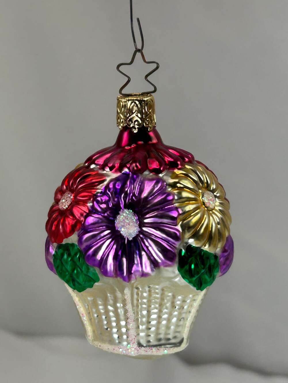 Vintage Inge-Glas Germany Flower Basket Glass Ornament Star Crown 3"